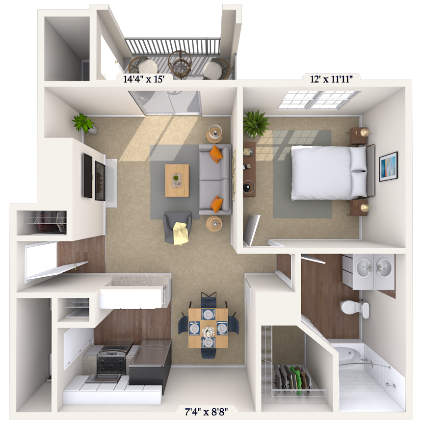 Floor plan for 1 bed, 1 bath, 773 sqft